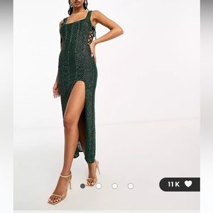 ASOS DESIGN embellished herringbone dress with cut out side detail  - Size 0